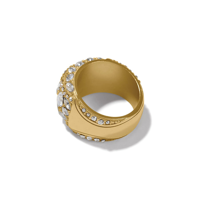 Brighton gold-plated ring shown from the side with pavé crystal dome and crystal-lined band on a white background