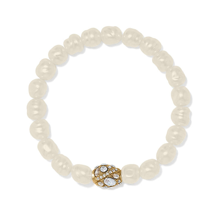 Brighton beaded stretch bracelet with white pearl beads and gold-plated crystal accent bead on a white background