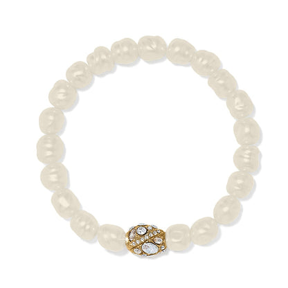 Brighton beaded stretch bracelet with white pearl beads and gold-plated crystal accent bead on a white background