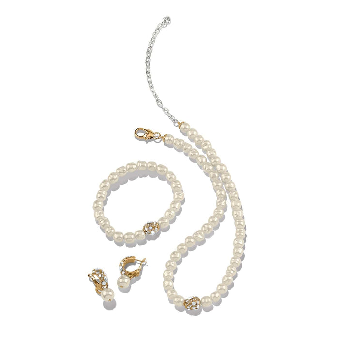 Brighton pearl necklace, bracelet, and hoop earrings set with crystal-accented gold-plated beads on a white background