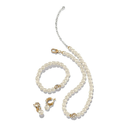 Brighton pearl necklace, bracelet, and hoop earrings set with crystal-accented gold-plated beads on a white background