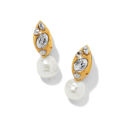 Brighton drop earrings with gold-plated marquise tops, crystal accents, and white pearl drops on a white background