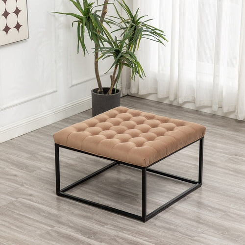Tufted Brown Leather Ottoman Coffee Table - Upholstered with Metal Frame for Living Room Furniture