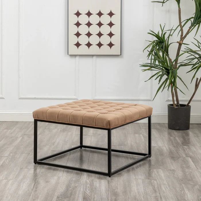 Tufted Brown Leather Ottoman Coffee Table - Upholstered with Metal Frame for Living Room Furniture