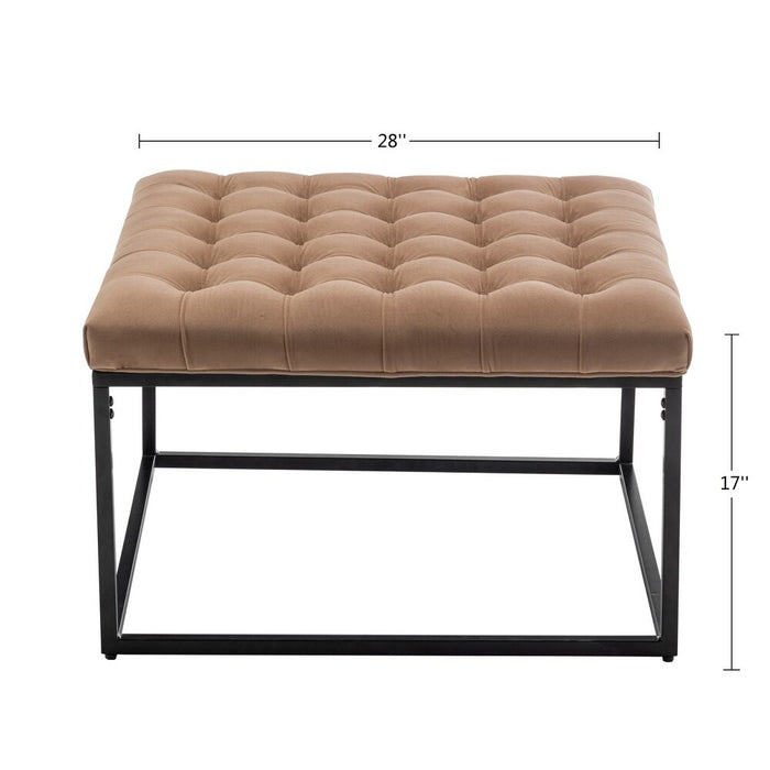 Tufted Brown Leather Ottoman Coffee Table - Upholstered with Metal Frame for Living Room Furniture