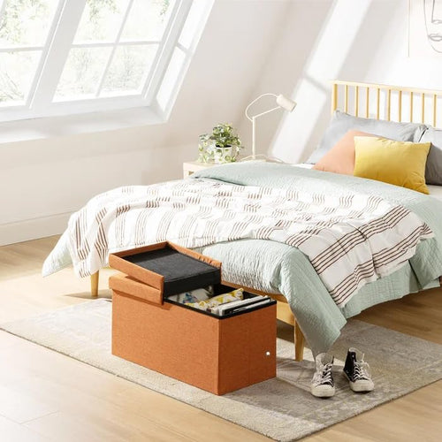 Tufted Rectangular Storage Ottoman Bench - Foldable Fabric Footrest & Seat with Lid for Living Room