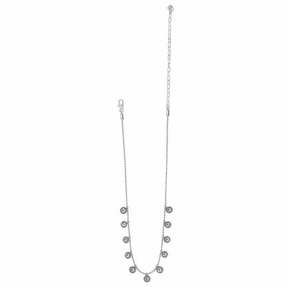 Brighton silver-plated necklace with beaded chain and crystal droplet accents along the front on a white background
