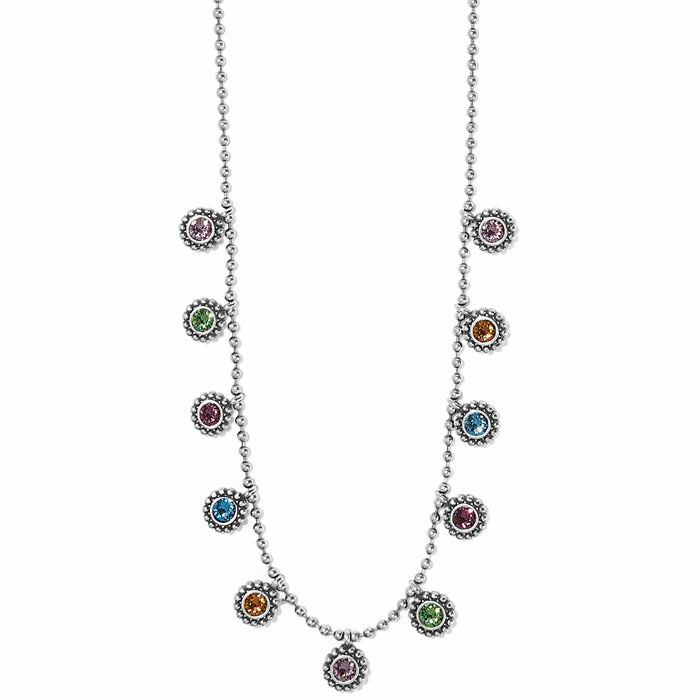 Brighton silver-plated beaded chain necklace with multicolored crystal droplets in beaded bezel settings on a white background