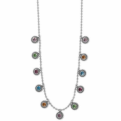 Brighton silver-plated beaded chain necklace with multicolored crystal droplets in beaded bezel settings on a white background
