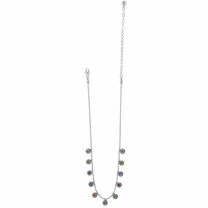Brighton silver-plated necklace with multicolored crystal charms and beaded chain on a white background