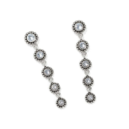 Brighton drop earrings with silver-plated beaded floral links and crystal centers cascading in a line on a white background