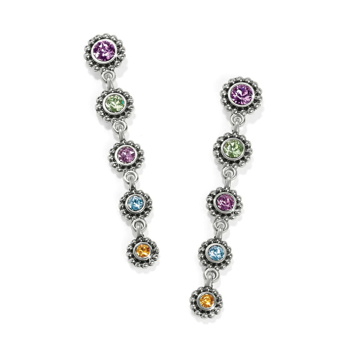 Brighton drop earrings with multicolored crystals in silver-plated beaded floral settings on a white background
