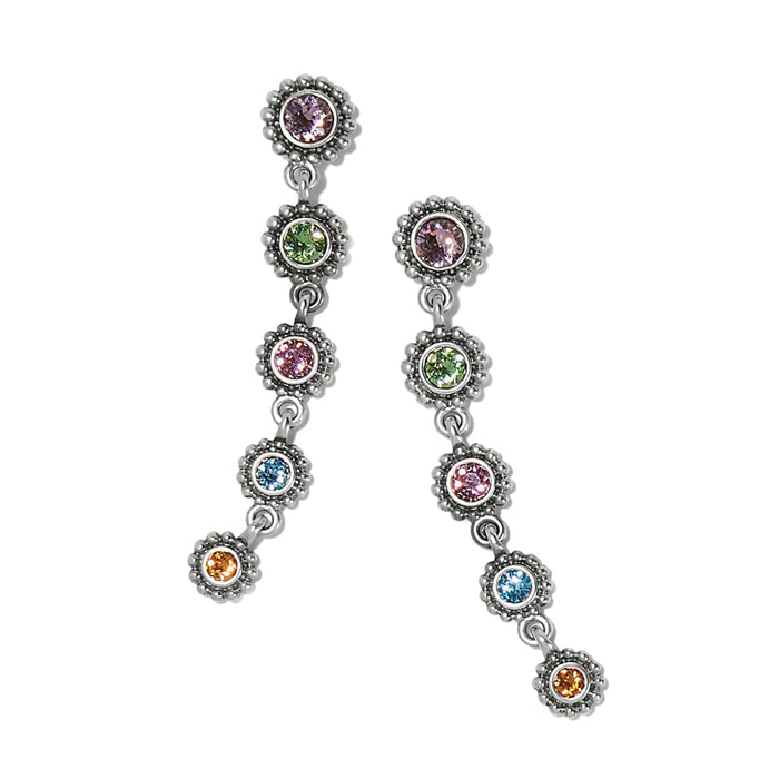 Brighton drop earrings with multicolored crystals in silver-plated beaded bezels linked in a cascade on a white background
