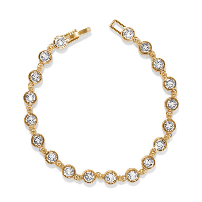 Brighton gold-plated bracelet with round bezel-set crystals linked by small beads on a white background