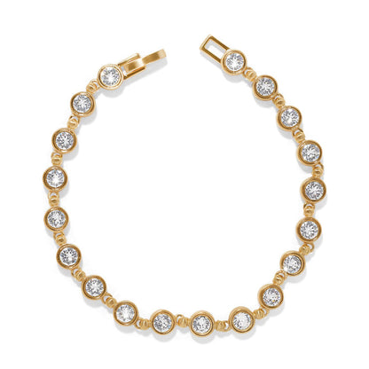 Brighton gold-plated bracelet with round bezel-set crystals linked by small beads on a white background