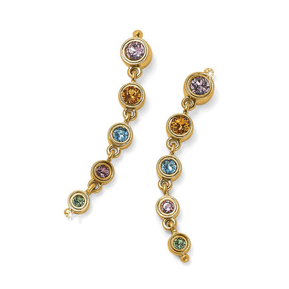 Brighton drop earrings with pink, orange, blue, and green crystals in gold-plated bezels on a white background