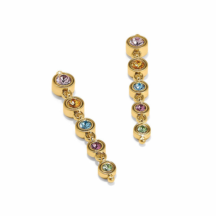 Brighton drop earrings with gold-plated bezel-set multicolored crystals in a linear cascade design on a white background