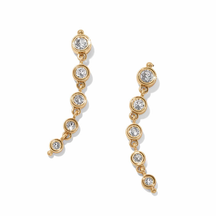Brighton drop earrings with graduated crystal stones in gold-plated bezels forming a curved line on a white background