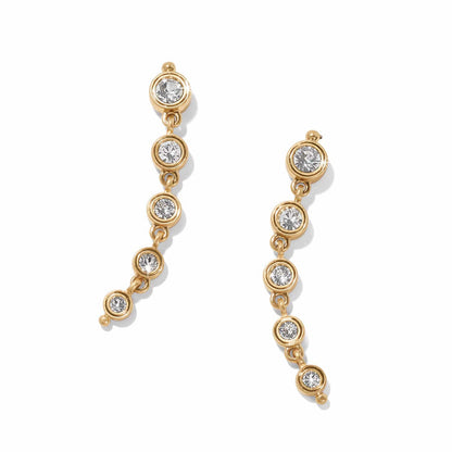 Brighton drop earrings with graduated crystal stones in gold-plated bezels forming a curved line on a white background