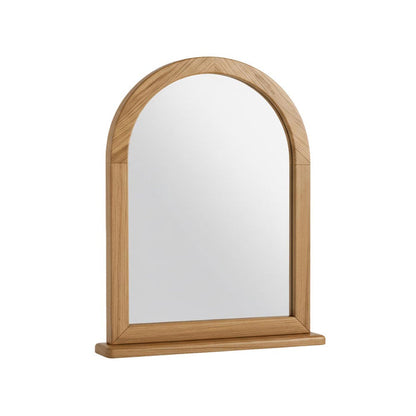 Wooden-framed mirror with arched top on a white background