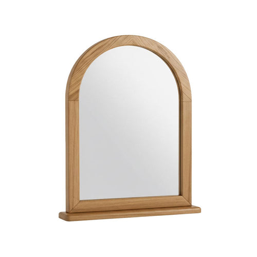 Wooden-framed mirror with arched top on a white background