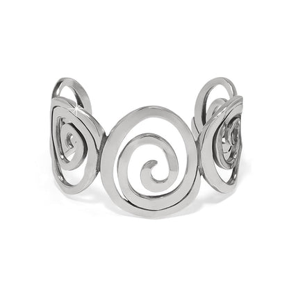 Brighton silver-plated cuff bracelet with openwork swirling spiral motifs across the band on a white background