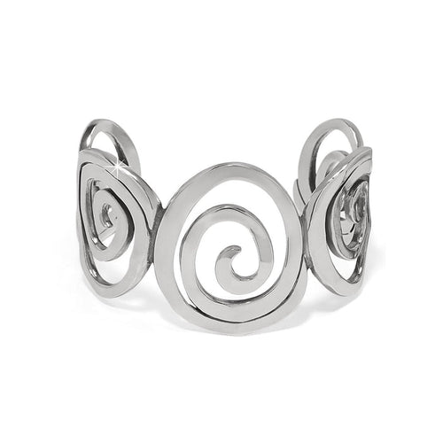 Brighton silver-plated cuff bracelet with openwork swirling spiral motifs across the band on a white background