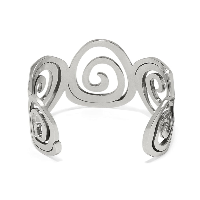 Brighton cuff bracelet with silver-plated openwork spiral scroll design across the band on a white background