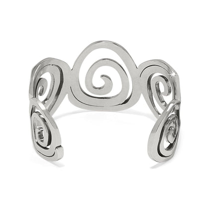 Brighton cuff bracelet with silver-plated openwork spiral scroll design across the band on a white background