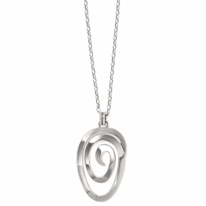 Brighton pendant necklace with silver-plated swirl medallion on a delicate cable chain on a white background