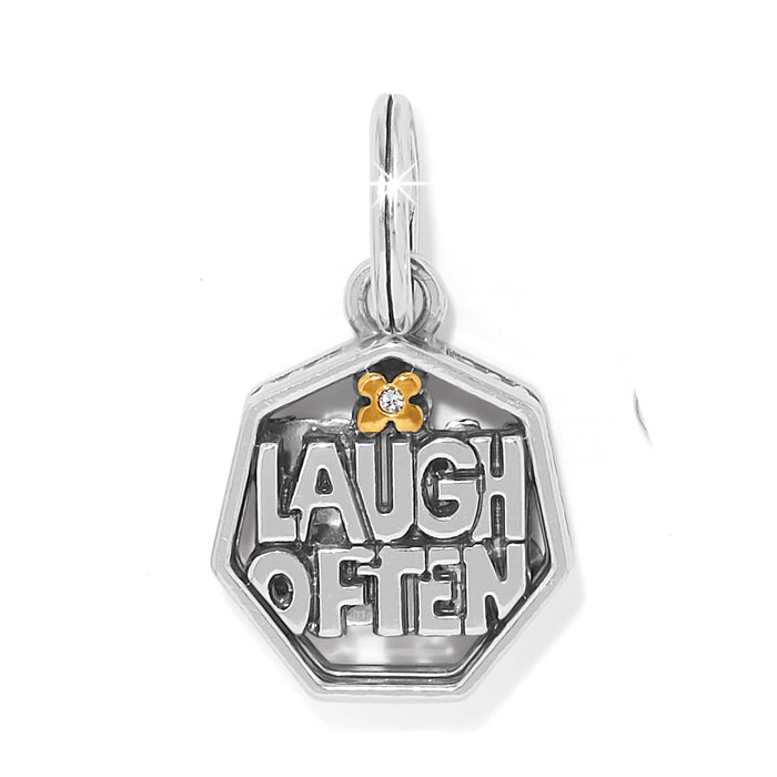 Brighton hexagonal charm with Laugh Often lettering and two-tone gold flower with crystal accent on a white background