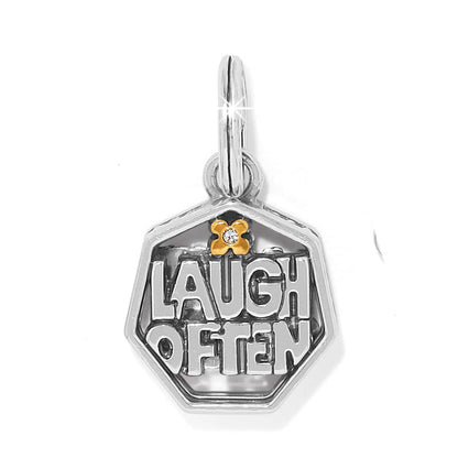 Brighton hexagonal charm with Laugh Often lettering and two-tone gold flower with crystal accent on a white background