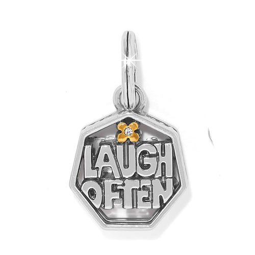 Brighton hexagonal charm with Laugh Often lettering and two-tone gold flower with crystal accent on a white background