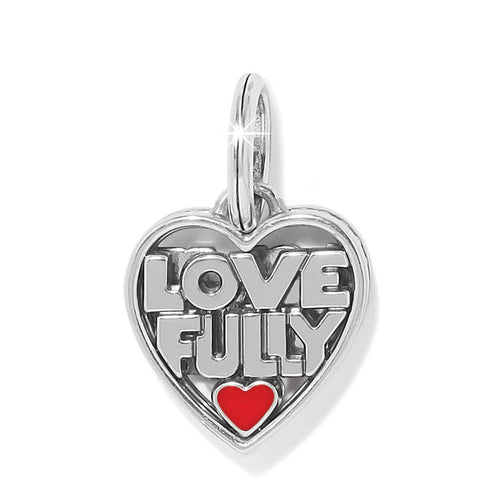 Brighton heart charm with raised Love Fully text and small red enamel heart accent on white background