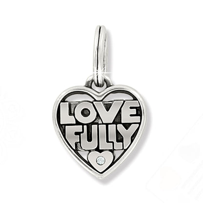 Brighton heart charm with Love Fully cutout lettering, small heart, and crystal accent on a white background