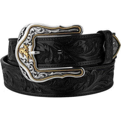 Brighton black leather belt with tooled scroll design and silver-tone buckle featuring gold bull rider on a white background