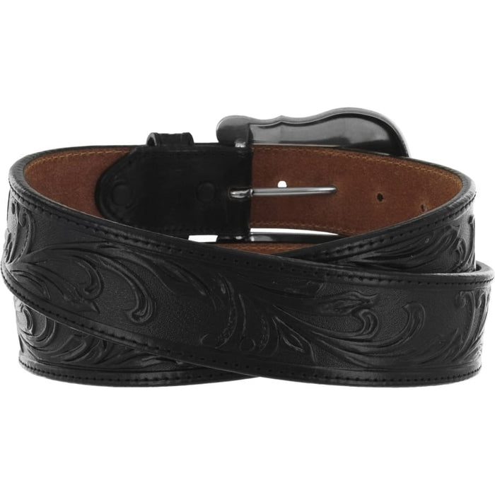 Brighton black leather belt with tooled scroll embossing and dark buckle, coiled on a white background