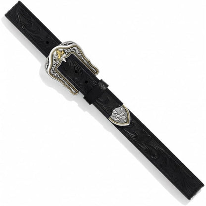 Brighton black tooled leather belt with ornate silver-tone buckle, gold horse accent, and decorative shield keeper on a white background
