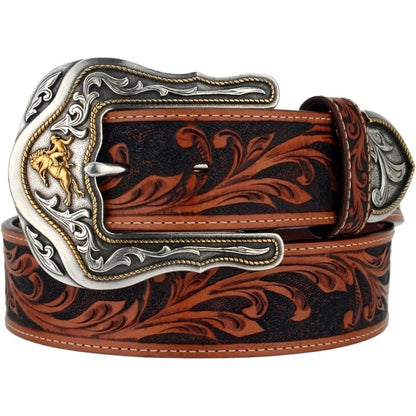 Brighton leather belt with tooled floral design, silver-tone buckle, and gold bronc rider emblem on a white background
