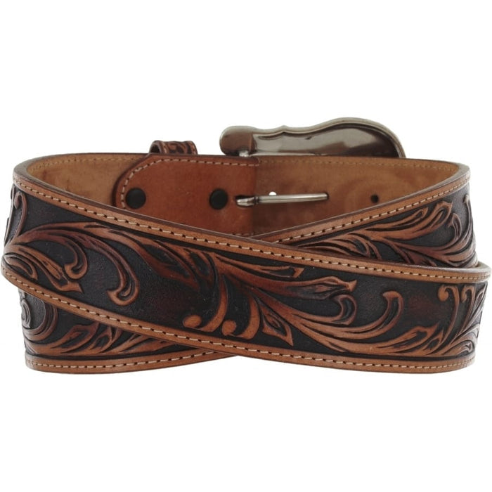 Brighton leather belt with tooled floral scroll design in two-tone brown and silver-tone buckle on a white background