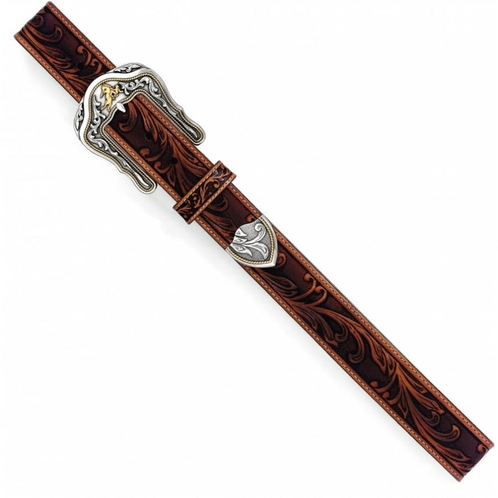 Brighton tooled leather belt with ornate silver-tone buckle, gold accent, and decorative shield concho on a white background