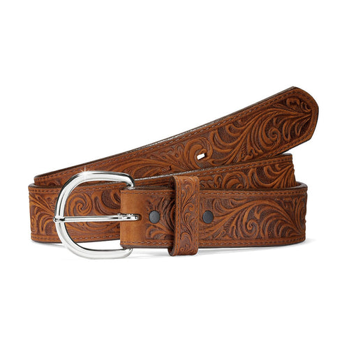 Brighton brown tooled leather belt with floral scroll embossing and silver-tone curved buckle on a white background