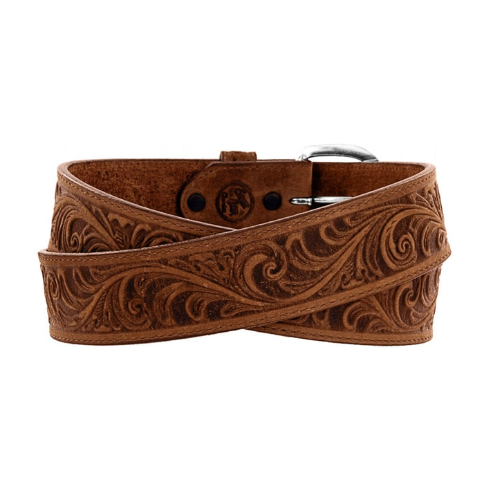 Brighton tooled leather belt with brown scroll embossed pattern and silver-tone buckle on a white background