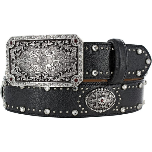 Brighton black leather belt with ornate silver-tone rectangular buckle, crystal accents, and studded conchos on a white background
