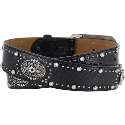 Brighton black leather belt with crystal studs and silver-tone oval floral conchos coiled on a white background