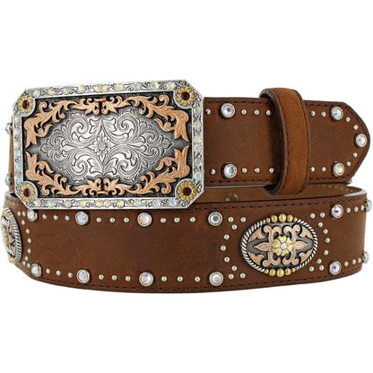 Brighton brown leather belt with ornate scroll buckle, crystal accents, and floral conchos on a white background