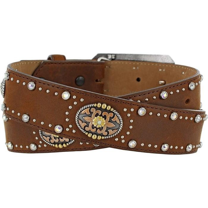 Brighton leather belt with oval floral conchos, crystal accents, silver studs, and buckle closure on a white background