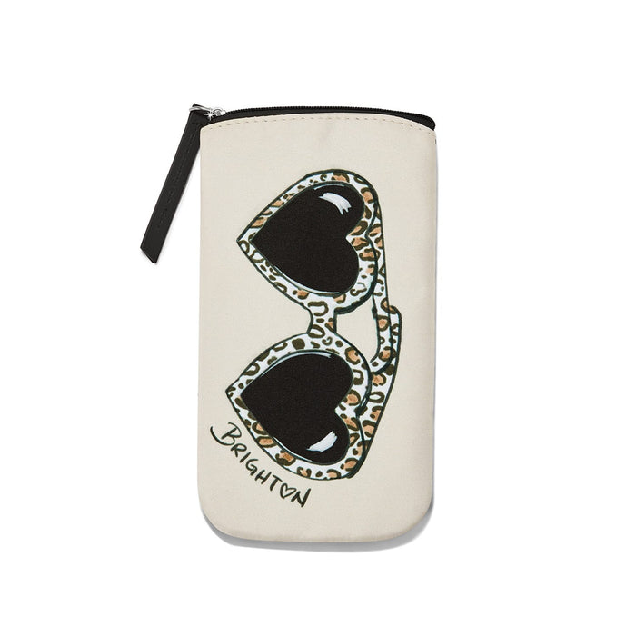 Brighton sunglasses pouch with leopard-print heart-shaped sunglasses illustration, Brighton script, and black zipper on a white background