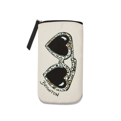 Brighton sunglasses pouch with leopard-print heart-shaped sunglasses illustration, Brighton script, and black zipper on a white background