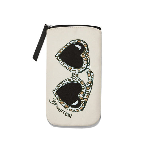 Brighton sunglasses pouch with leopard-print heart-shaped sunglasses illustration, Brighton script, and black zipper on a white background